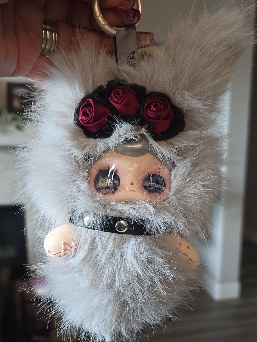Plush Gray Fur Doll Keychain with Burgundy Rose Accents